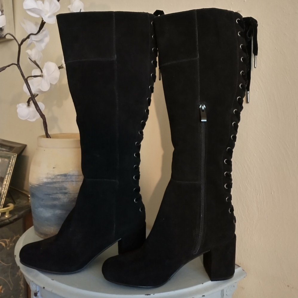 Womens Knee High Black Suede Like Boots